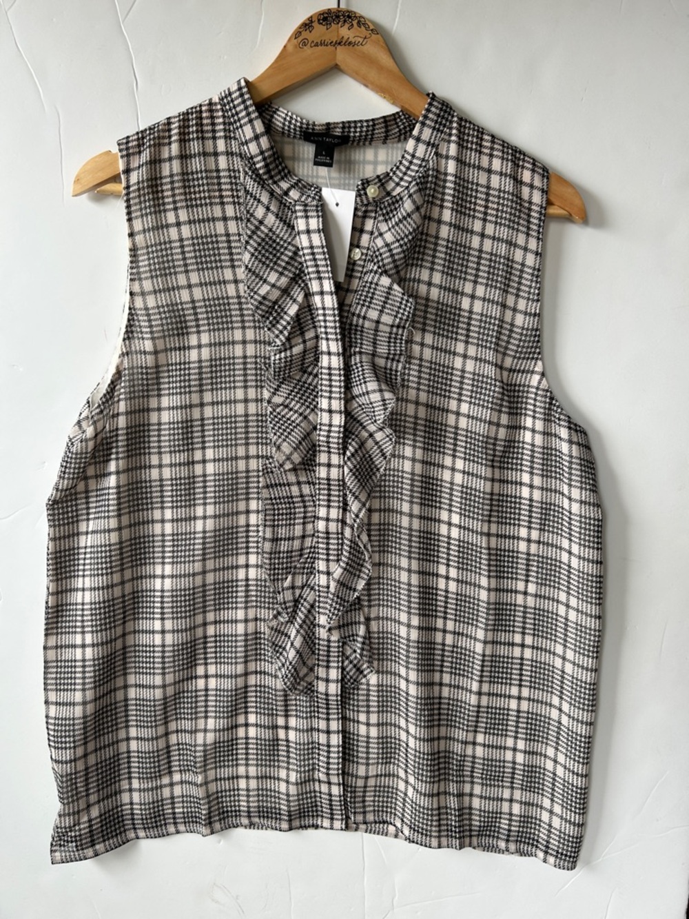 Ann Taylor Sleeveless Ruffle-Front Plaid Blouse size L  NWT